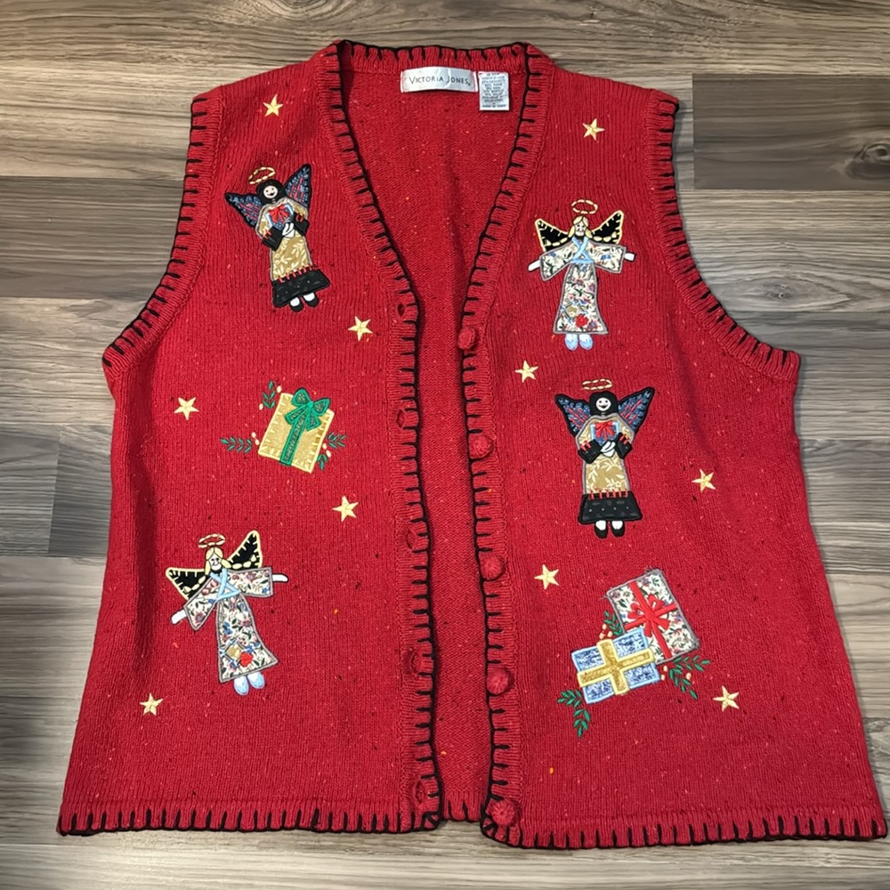 Victoria Jones Angel Christmas Knit Button Up Red Heathered Vest M
